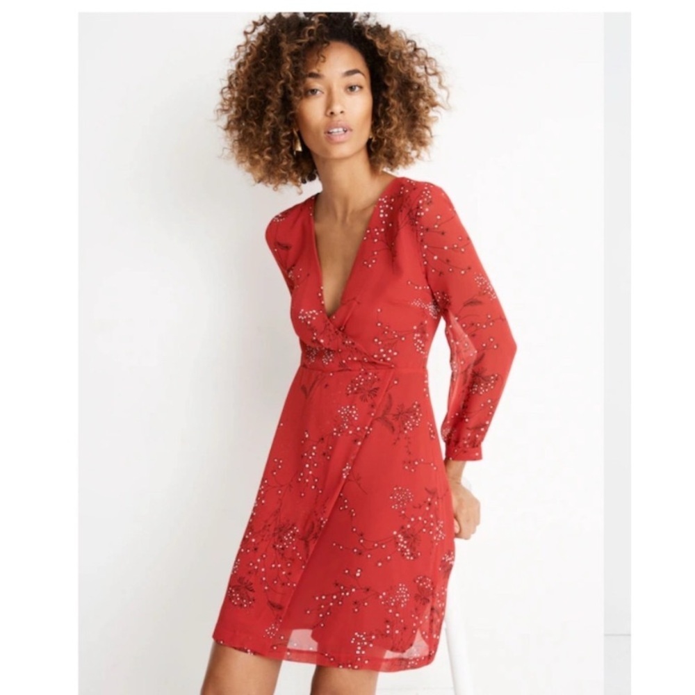 Madewell Florals Red Wrap-Style Long Sleeve  Dress‎ - Sz 4-Romantic
